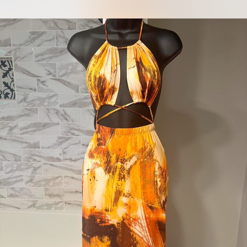 Orange and Brown Cutout Maxi Dress